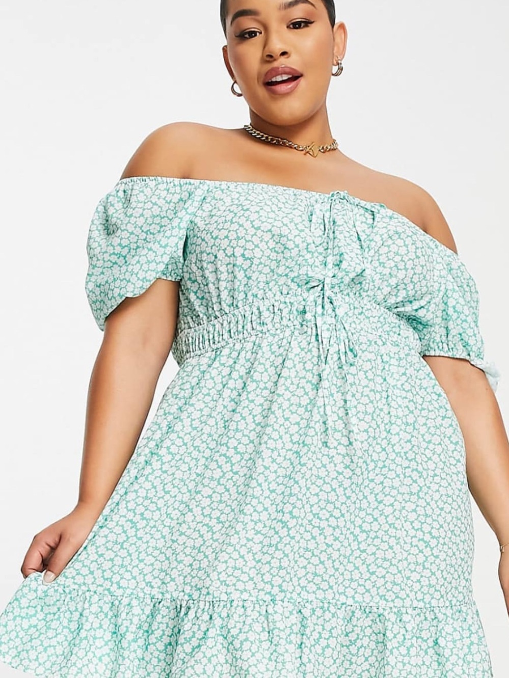 ASOS Curve Off-Shoulder Mint Floral Tiered Mini Dress